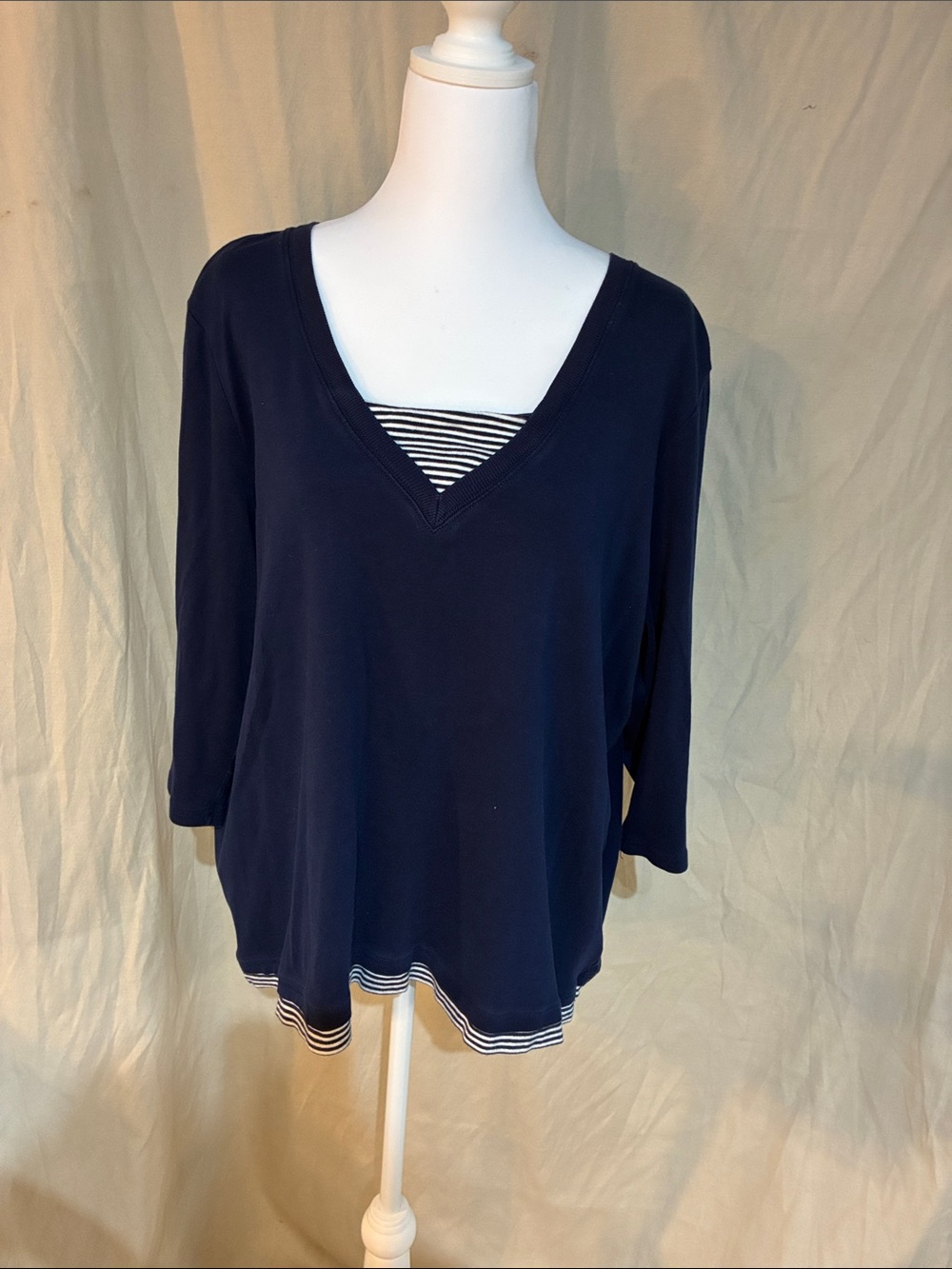 Lauren Ralph Lauren Navy V-Neck Tunic with Striped Inset